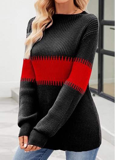 Patchwork Black Stand Collar Long Sleeve Sweater