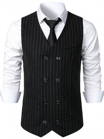 Men's Vest Waistcoat Casual Daily Weekend Vintage Style Spring Fall & Winter Double Breasted Polyester Stripes Double Breasted Cardigan V Neck Regular Fit Black Light Grey Coffee Vest